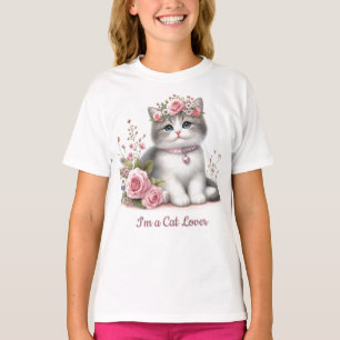 Camiseta Amante de gatos gatito gris rosas rosadas 