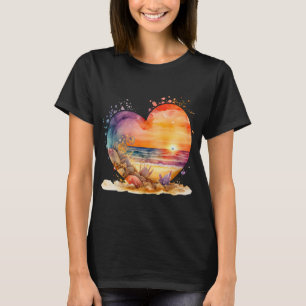 Camiseta Amante de la playa puesta de sol acuarela conchas