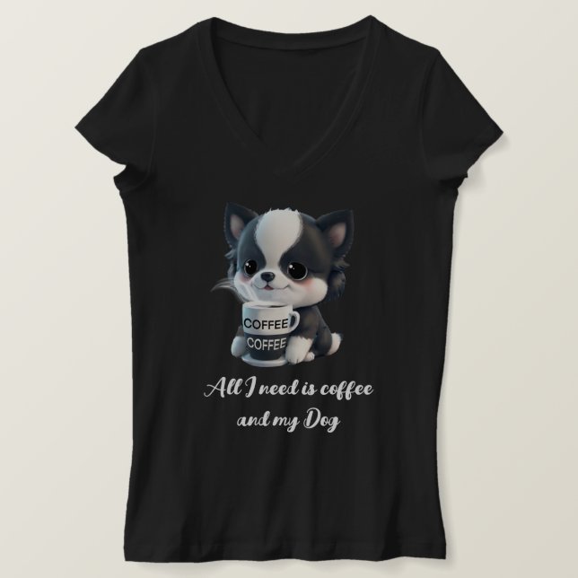 Camiseta Amante del café lindo Perro cachorro perro negro y (Anverso del diseño)