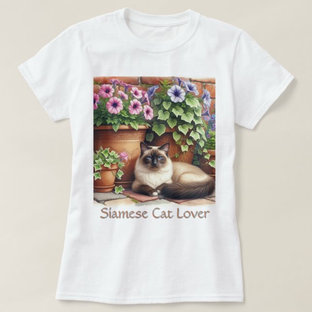Camiseta Amante del gato siamés / Flores de Petunia rosada (Diseño del anverso)