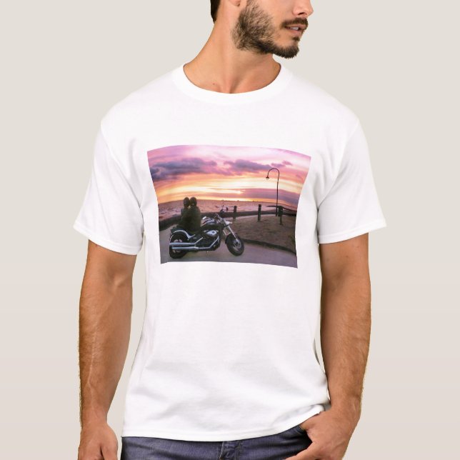 Camiseta Amantes de la motocicleta en la puesta del sol (Anverso)