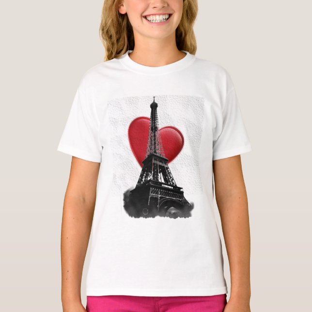 Camiseta Amar la Torre Eiffel del Corazón Rojo de París (Anverso)