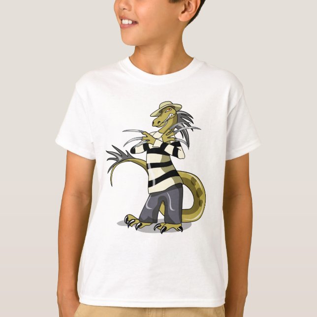 Camiseta Amargasaurus Posando Como Freddy Krueger. (Anverso)