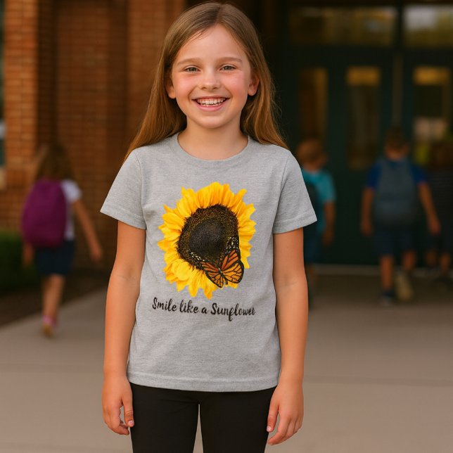 Camiseta Amarilla de Niña con Girasoles (Soft heather gray girls tee featuring a cheerful sunflower and butterfly design)