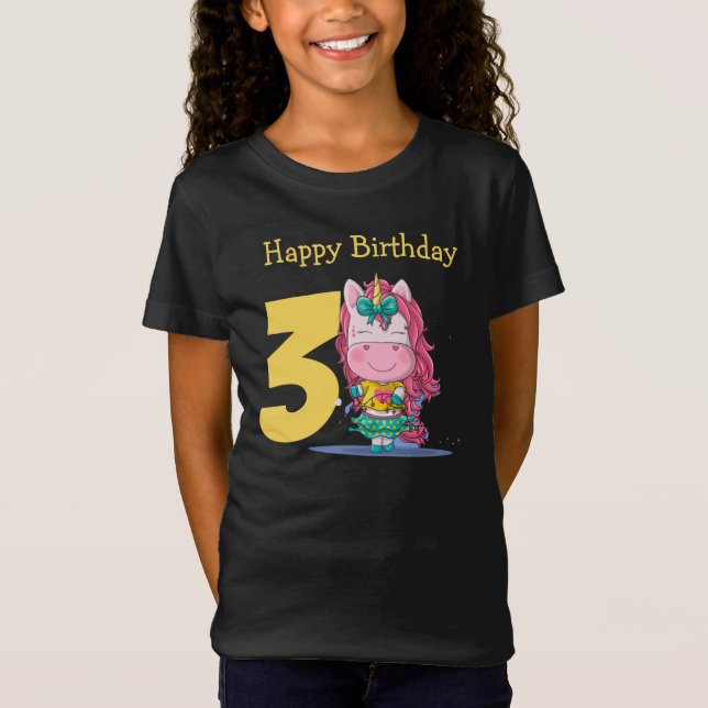 Camiseta amarilla de tercer cumpleaños de Unicorni (Anverso)