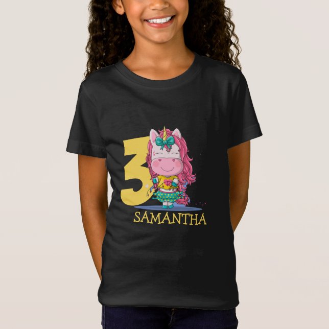 Camiseta amarilla de unicornio de tres años (Anverso)
