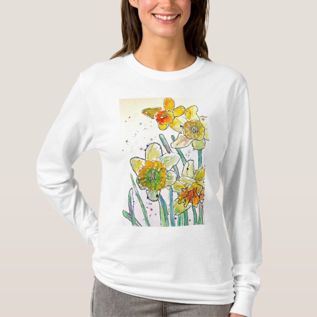 Camiseta Amarillo Daffodil acuarela mujeres arte T Shirt (Anverso)