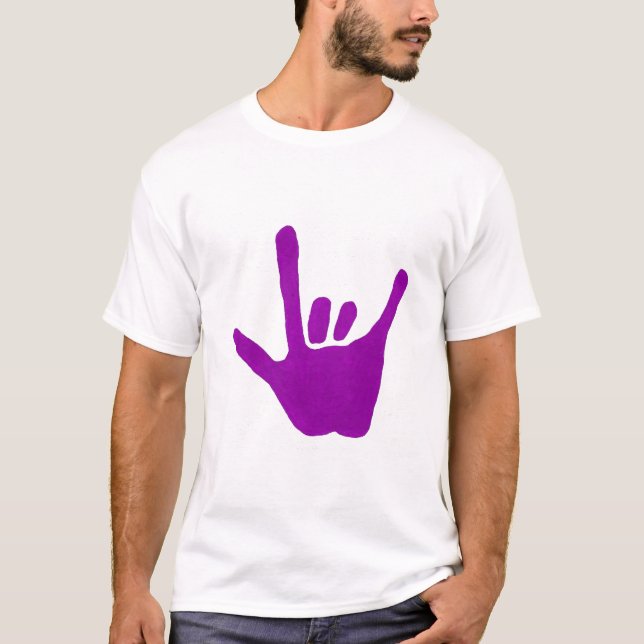 Camiseta Ame la mano, lenguaje de signos en púrpura en (Anverso)