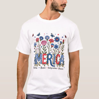 Camiseta América floral 4 de julio Tipografía Patriótica