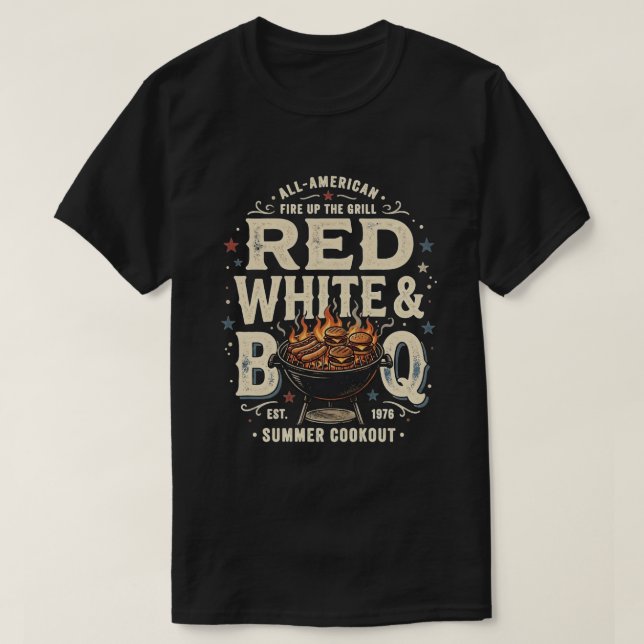 Camiseta American BBQ Rojo Blanco Azul 4 de Julio  (Diseño del anverso)