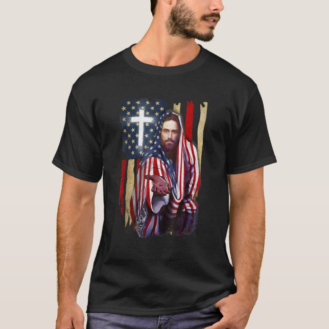 Camiseta American Flag And Jesus Happy Independence Day 4th (Anverso)