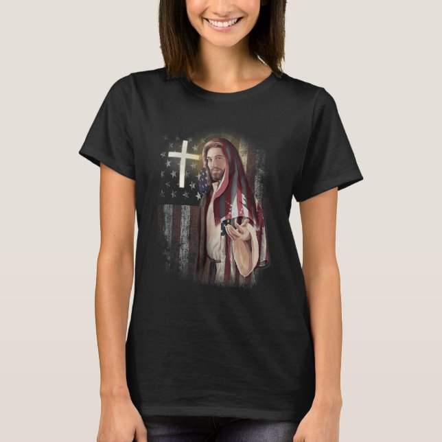Camiseta American Flag And Jesus Happy Independence Day 4th (Anverso)