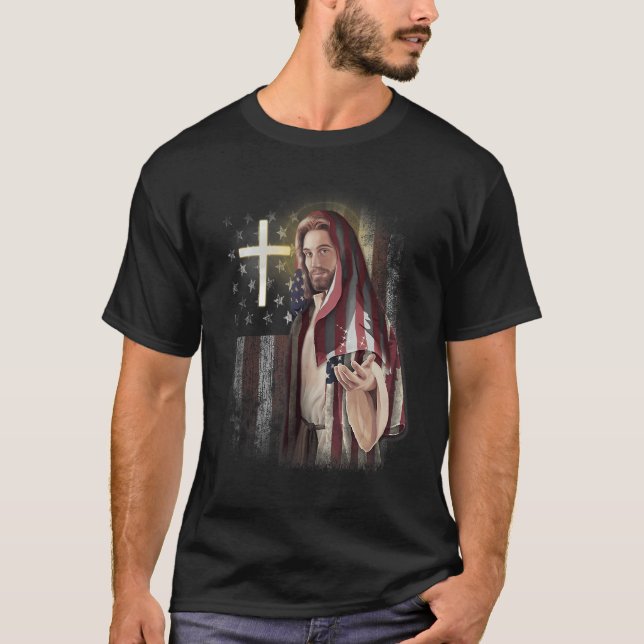 Camiseta American Flag And Jesus Happy Independence Day 4th (Anverso)