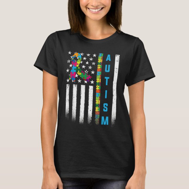 Camiseta American Flag Autism Awareness Teacher Mom Support (Anverso)