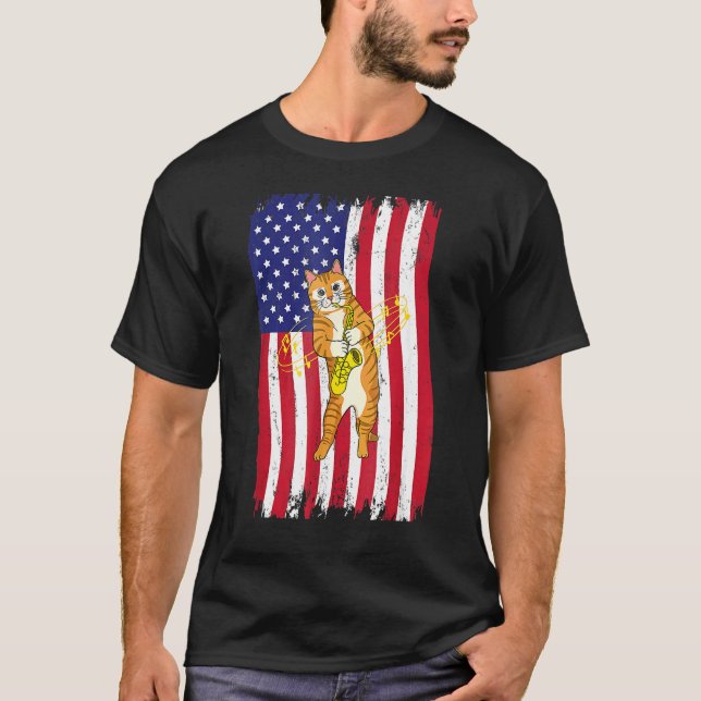 Camiseta American Flag Cat Playing Saxophone Cat (Anverso)