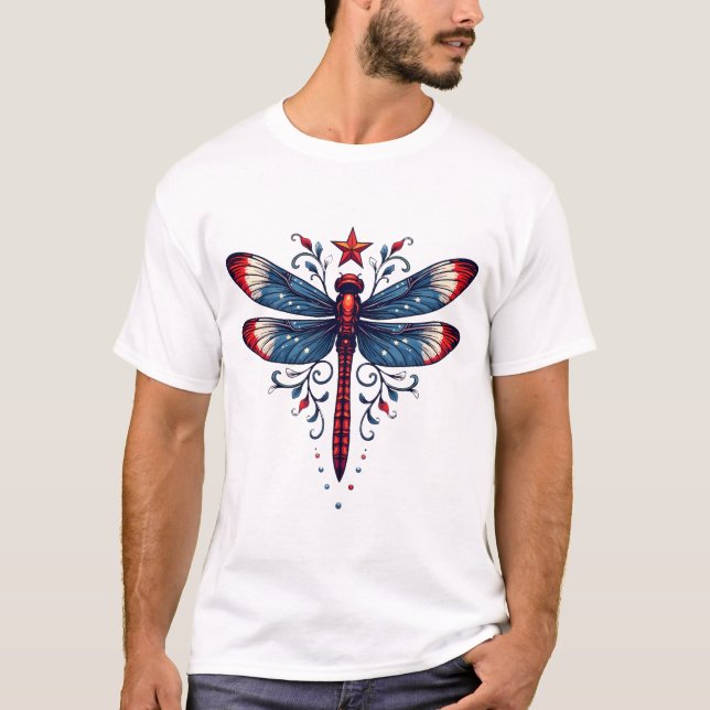 Camiseta American Flag Dragonfly Patriotic 4th of July Red  (Anverso)