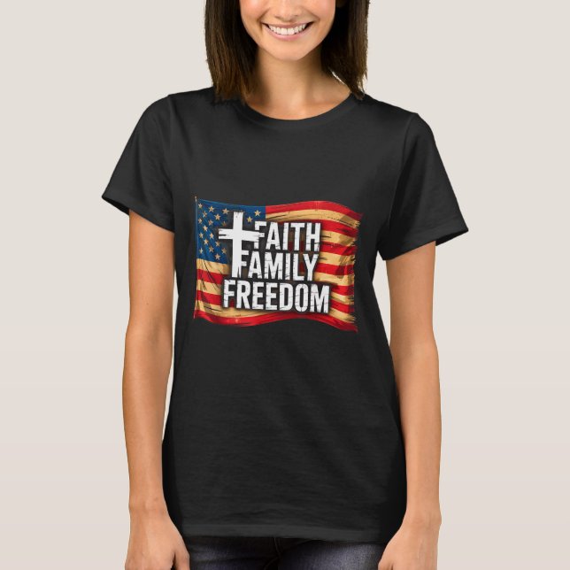 Camiseta American Flag Faith Family Dom Christian  (Anverso)
