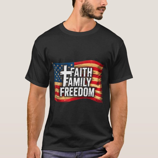 Camiseta American Flag Faith Family Dom Christian  (Anverso)