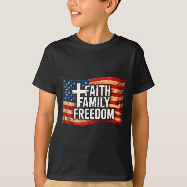 Camiseta American Flag Faith Family Dom Christian  (Anverso)