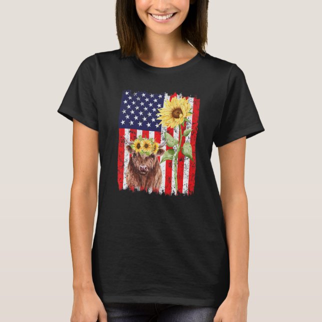 Camiseta American Flag Farm Cow Sunflower Farming Highland (Anverso)