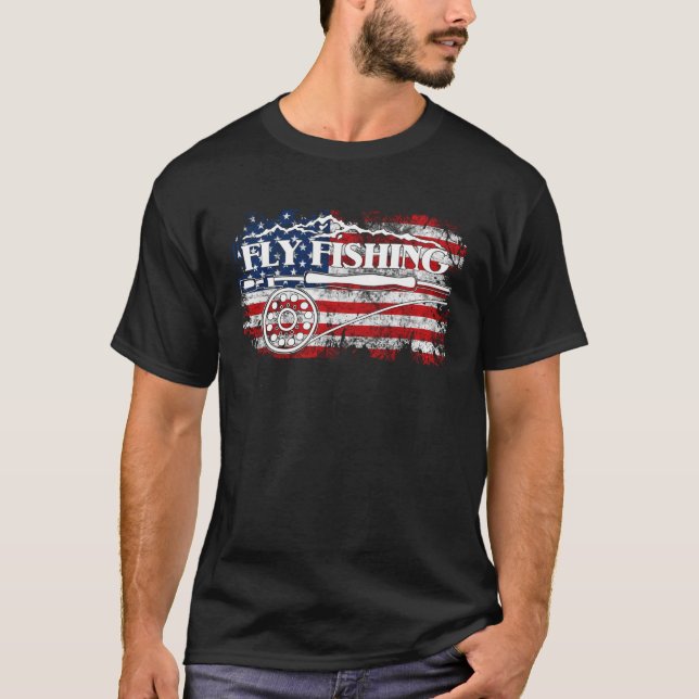 Camiseta American Flag Fishing Fly Fishing Mountain and USA (Anverso)