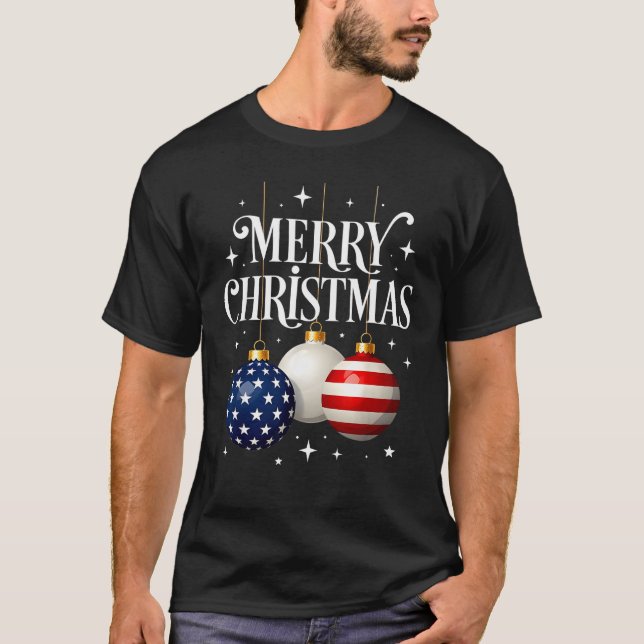 Camiseta American Flag Merry Christmas Tree Baubles Us Patr (Anverso)