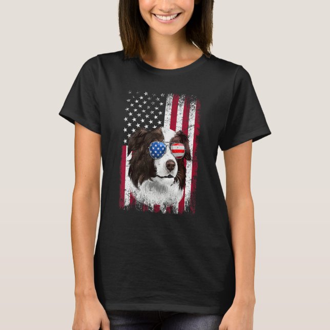 Camiseta American Flag Patriotic Border Collie Dog  4th Of  (Anverso)