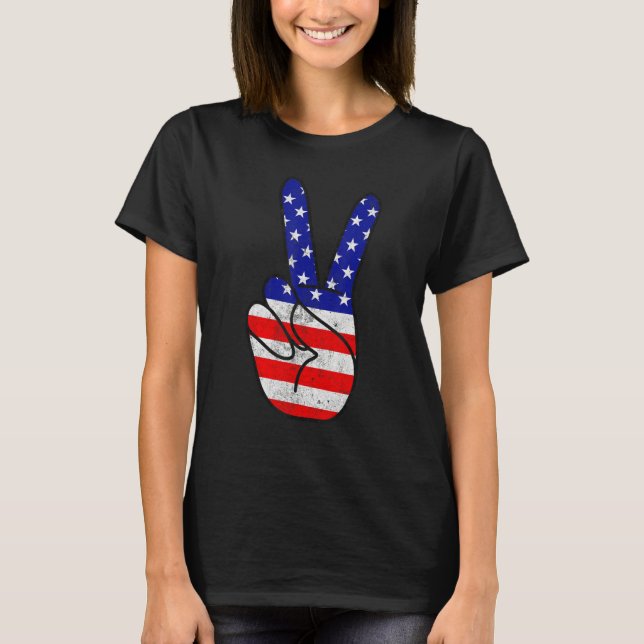 Camiseta American Flag Peace Sign Hand Patriotic 4th Of Jul (Anverso)