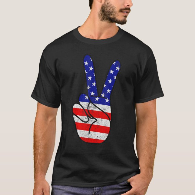 Camiseta American Flag Peace Sign Hand Patriotic 4th Of Jul (Anverso)
