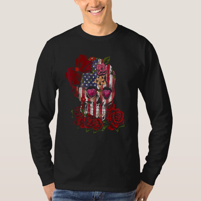 Camiseta American Flag Skull Wear Bow Rose Flowers (Anverso)