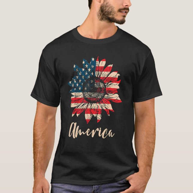Camiseta American Flag Sunflower Graphic 4th Of July (Anverso)