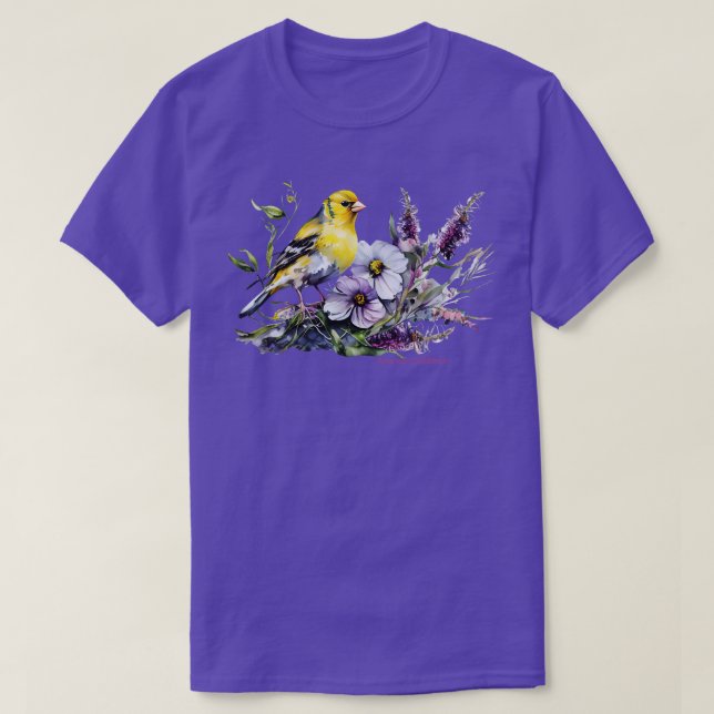 Camiseta American Goldfinch Backyard Birds Lavender Garden (Diseño del anverso)
