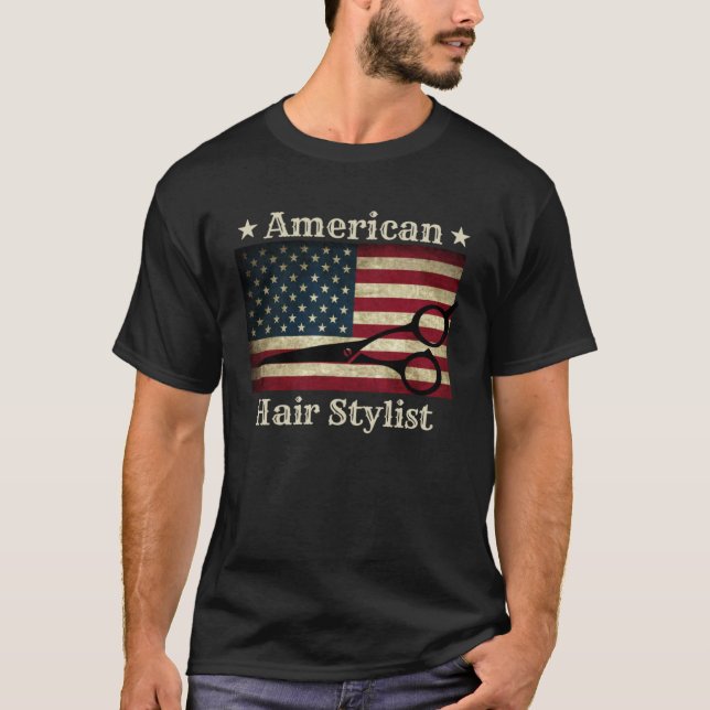 Camiseta American Hair Stylist  Shears Tools American Flag  (Anverso)