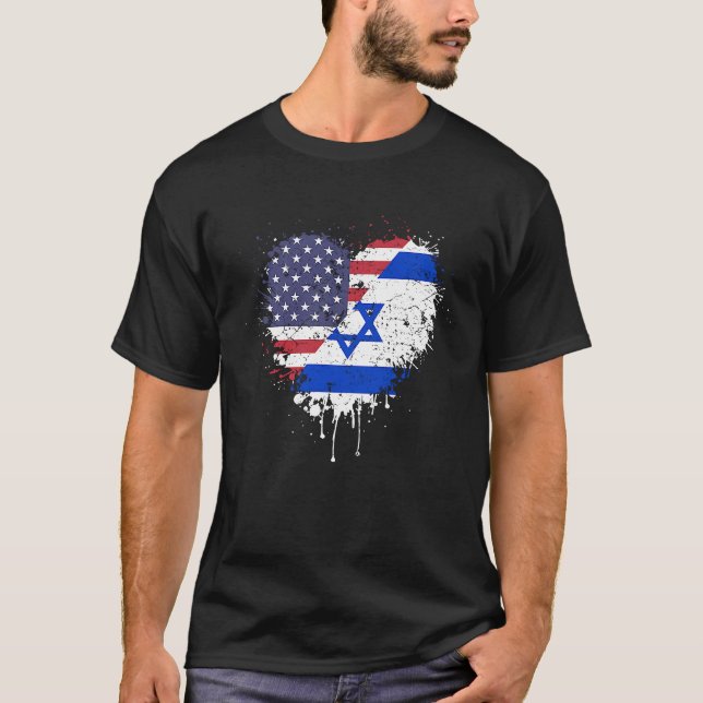 Camiseta American Israeli America USA Israel Flag Love Hear (Anverso)