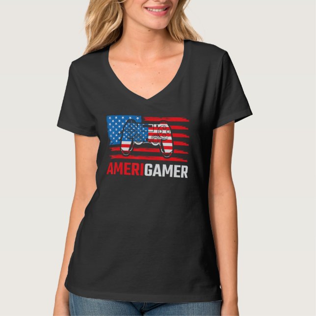 Camiseta Amerigamer Distressed American Flag Gamer July 4th (Anverso)