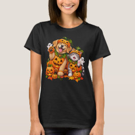 Camiseta Amigos de Calabaza Adorables Perro Gato Halloween