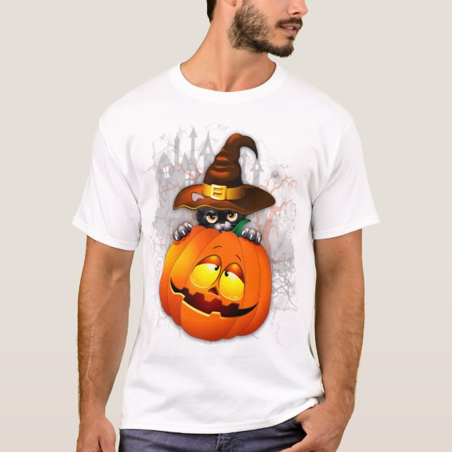 Camiseta Amigos de Halloween con gatos y calabazas de bruja (Anverso)