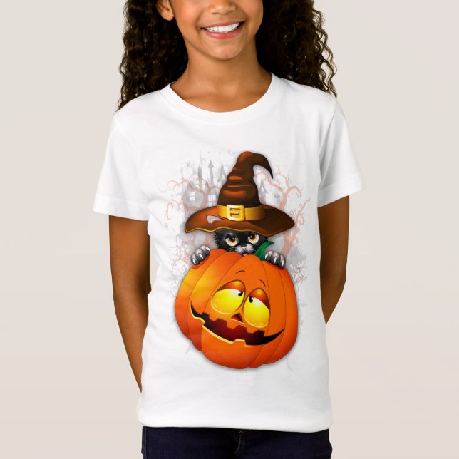 Camiseta Amigos de Halloween con gatos y calabazas de bruja (Anverso)