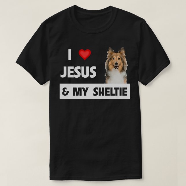 Camiseta Amo a Jesús y a mi perro Sheltie Mamá Papá Shetlan (Diseño del anverso)