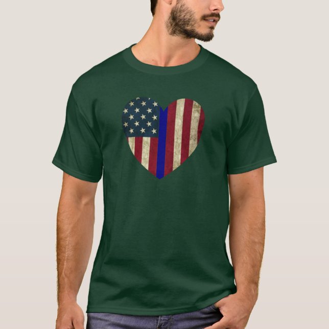 Camiseta Amo a la policía, delgada bandera azul del corazón (Anverso)