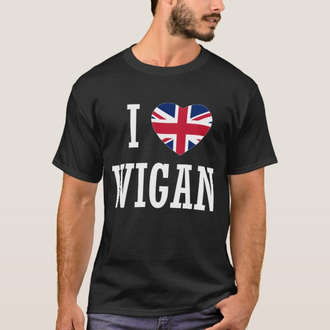 Camiseta Amo a Wigan Inglaterra Unión Jack Bandera Corazón  (Anverso)