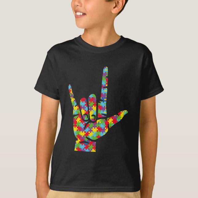 Camiseta Amo ASL Lenguaje de Rótulo Mano Autismo Conciencia (Anverso)
