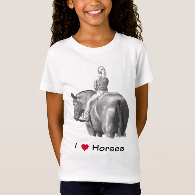 Camiseta Amo caballos (del corazón): Chica en caballo: (Anverso)