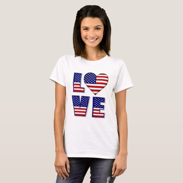 Camiseta Amo EE.UU. Corazón Bandera Americana Cita Mujeres (Anverso completo)