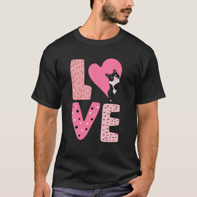Camiseta AMO El Corazón De San Valentín Del Gato De Tuxedo  (Anverso)