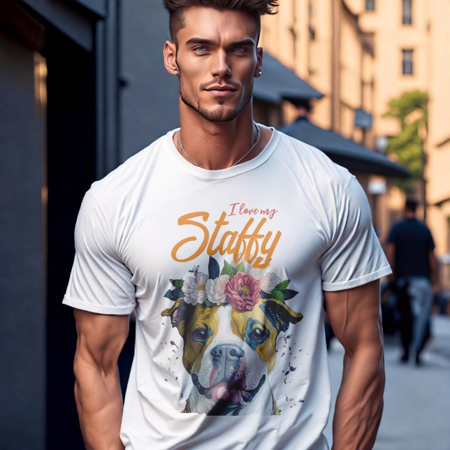 Camiseta Amo mi Staffy, perro con flores regalo personaliza (I love my staffy - dad 
 of Staffordshire terrier girl)
