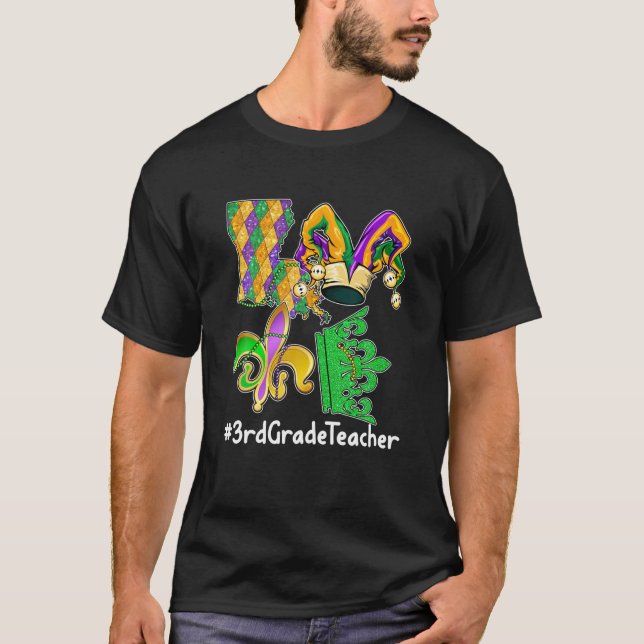 Camiseta AMOR 3er grado Maestra Mardi Gras Fiesta Máscara P (Anverso)