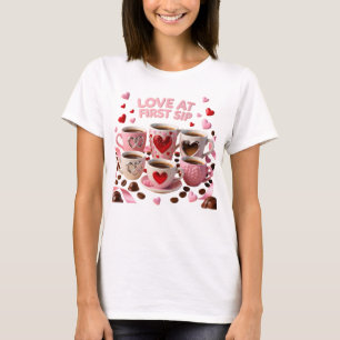 Camiseta Amor a Primera Bebida Cinco Tazas de Café Motivo d
