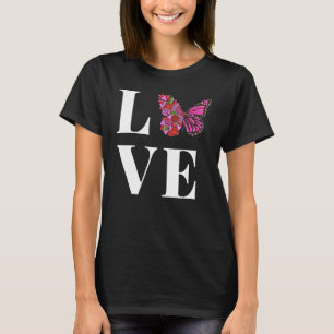 Camiseta AMOR Bella mariposa con mitad flores rosadas pero