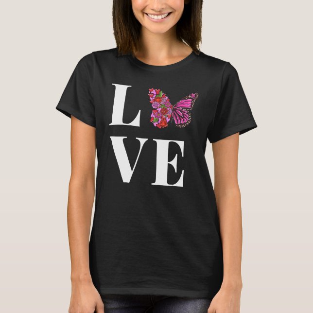Camiseta AMOR Bella mariposa con mitad flores rosadas pero (Anverso)